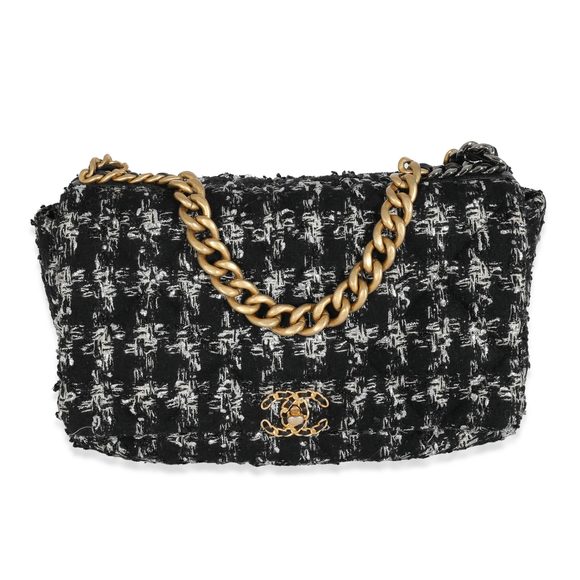 Chanel Black White Metallic Houndstooth Tweed Chanel 19 Maxi Flap Bag - Picture 1 of 7